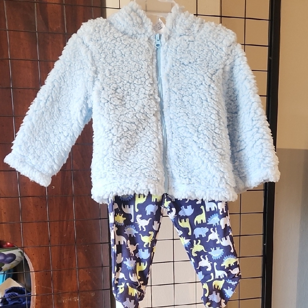 Kidgets Light Blue Fleece Jacket Hoodie and Dinosaur Leggings Set
